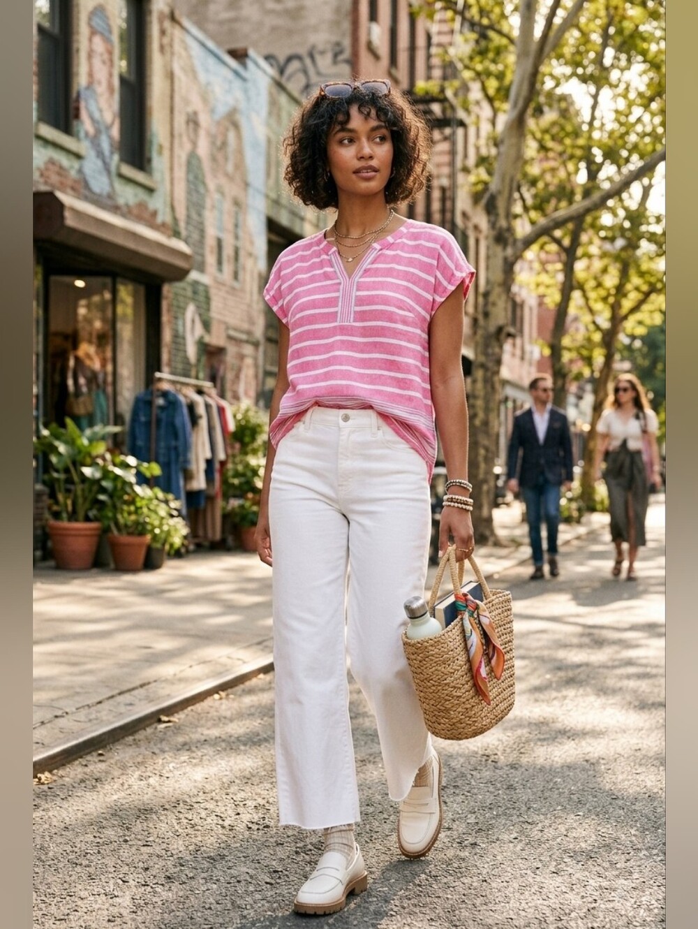 Talbots Striped Linen Split Neck Short Sleeve Top Blouse Pink White Blue S